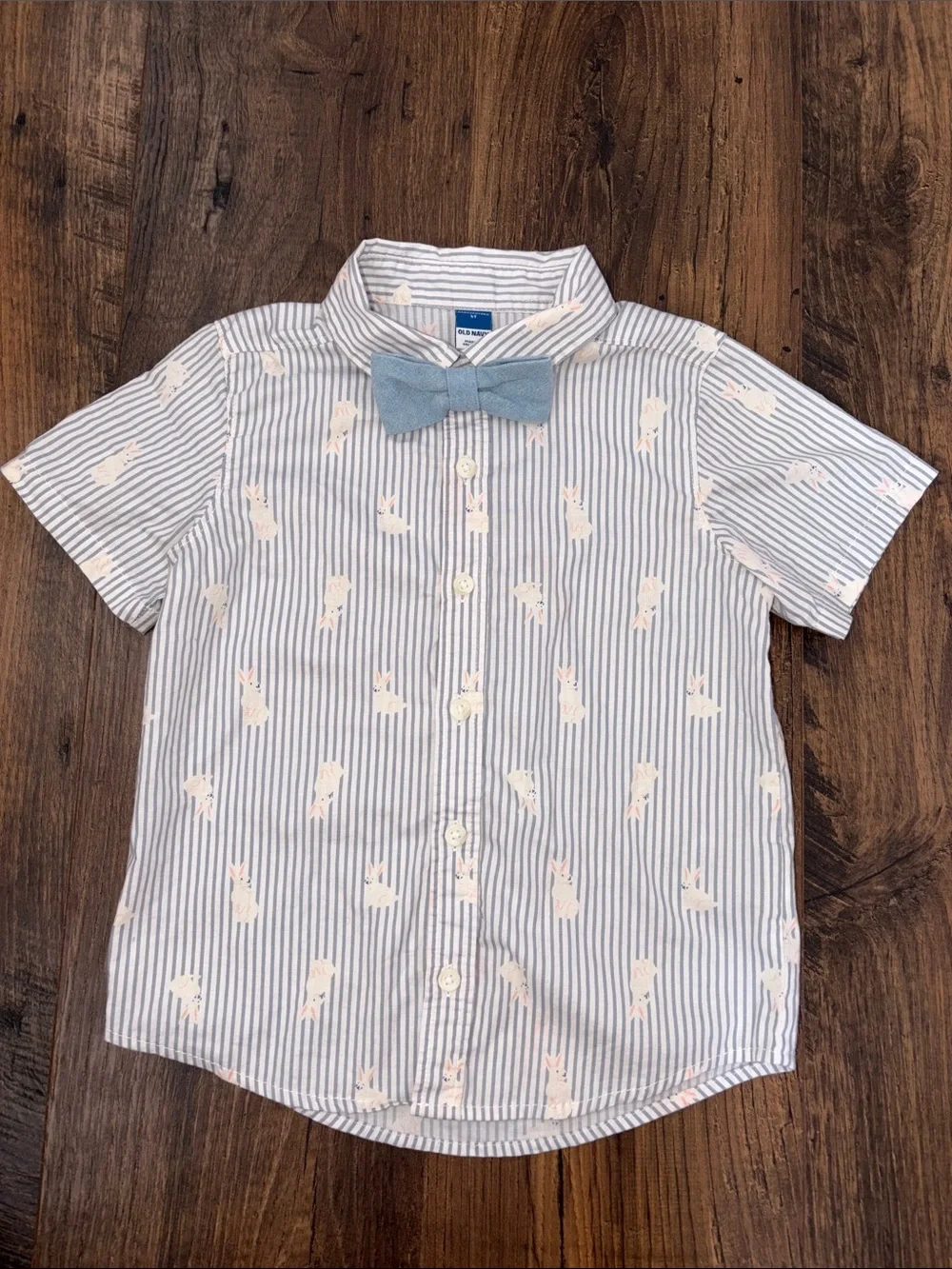 Old Navy Light Blue Striped Button-Down with Bunny Print and Bow Tie